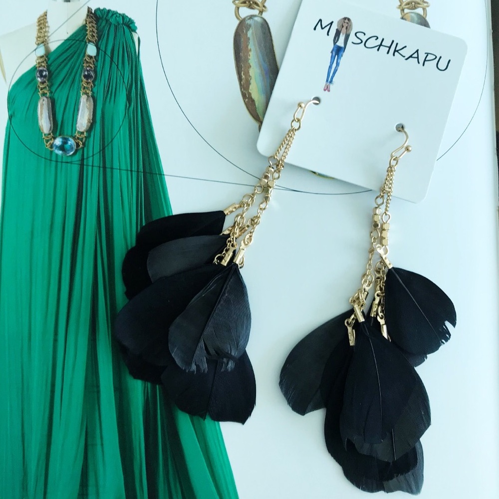 Black/Gold Chained Feather Dangle Earrings